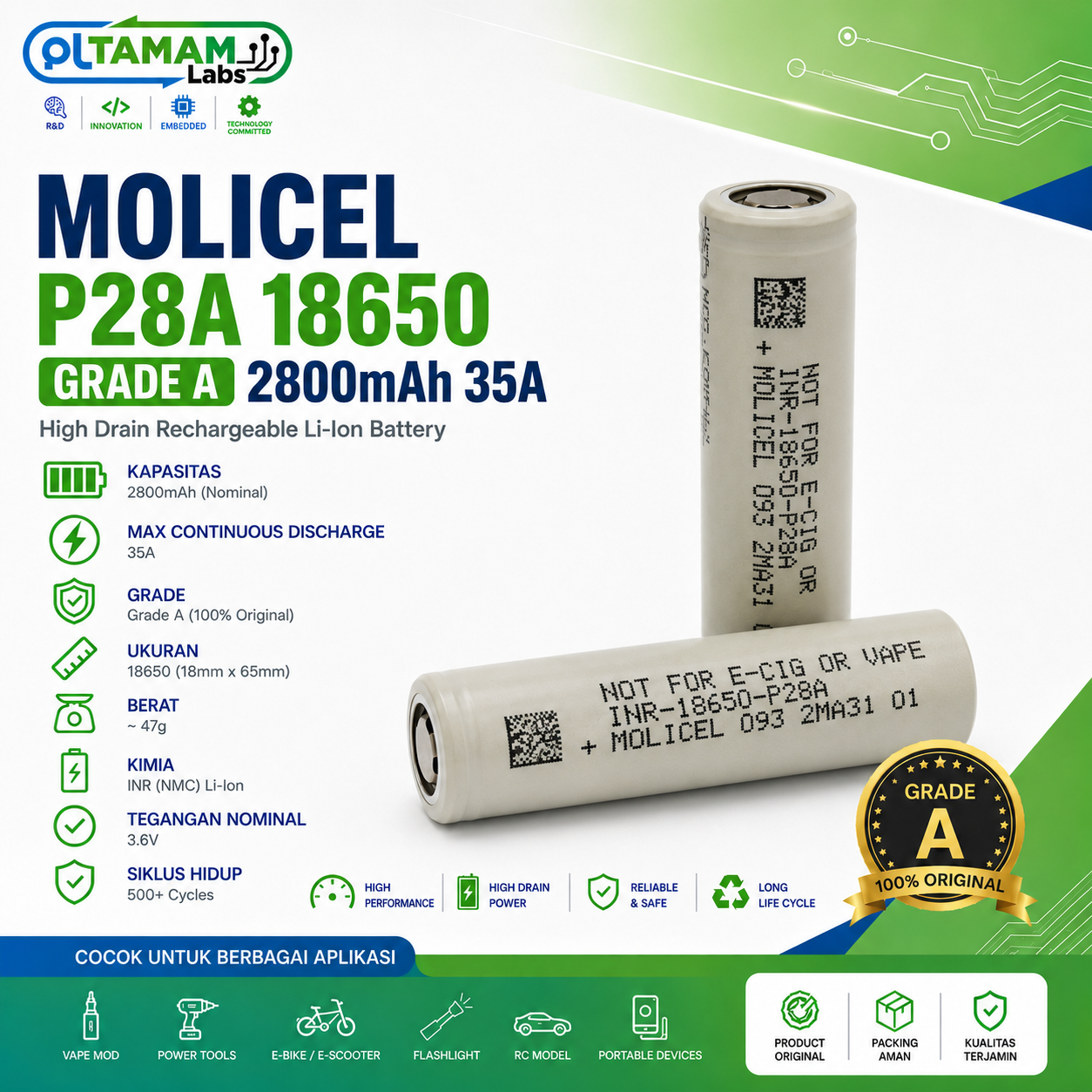 Battery Molicel P28A 18650 2800mAh 35A Grade A Original High Drain Li-ion Flat Top Rechargeable