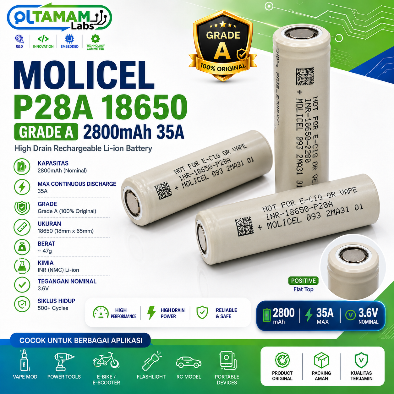 Battery Molicel P28A 18650 2800mAh 35A Grade A Original High Drain Li-ion Flat Top Rechargeable