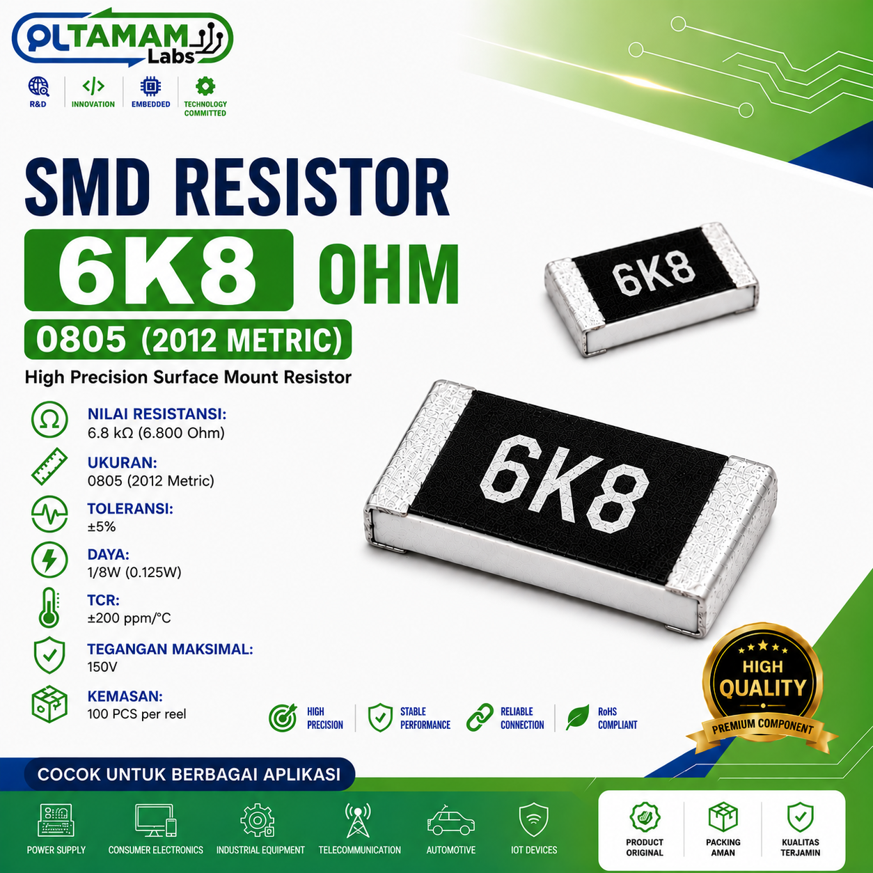 RESISTOR SMD 0805 6K8, 26K1, 680K