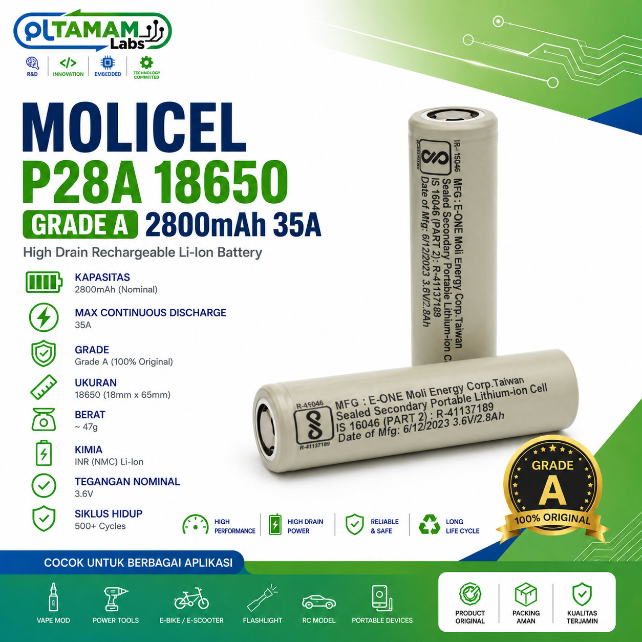 Battery Molicel P28A 18650 2800mAh 35A Grade A Original High Drain Li-ion Flat Top Rechargeable